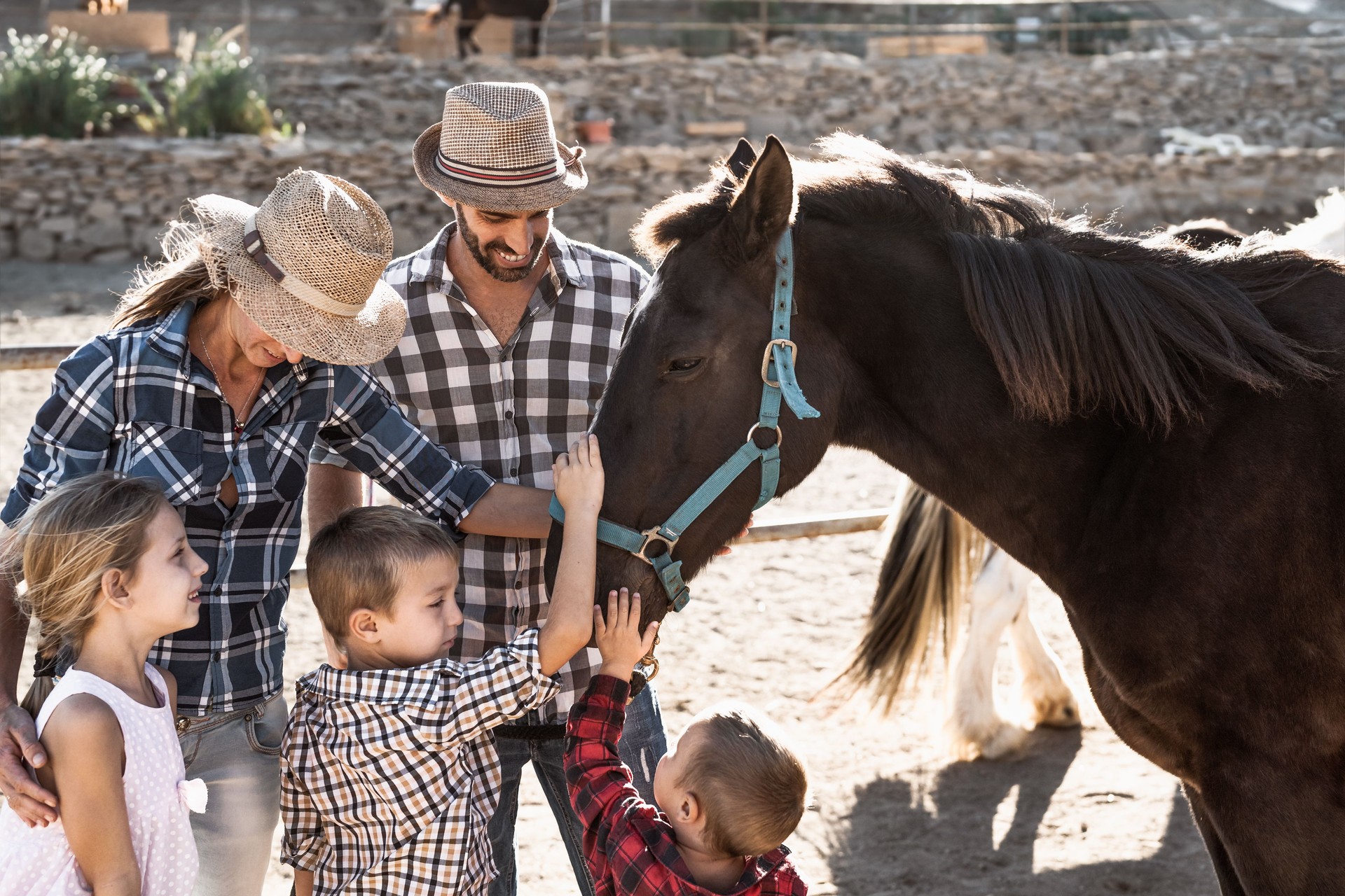 Happy family having fun in horses ranch